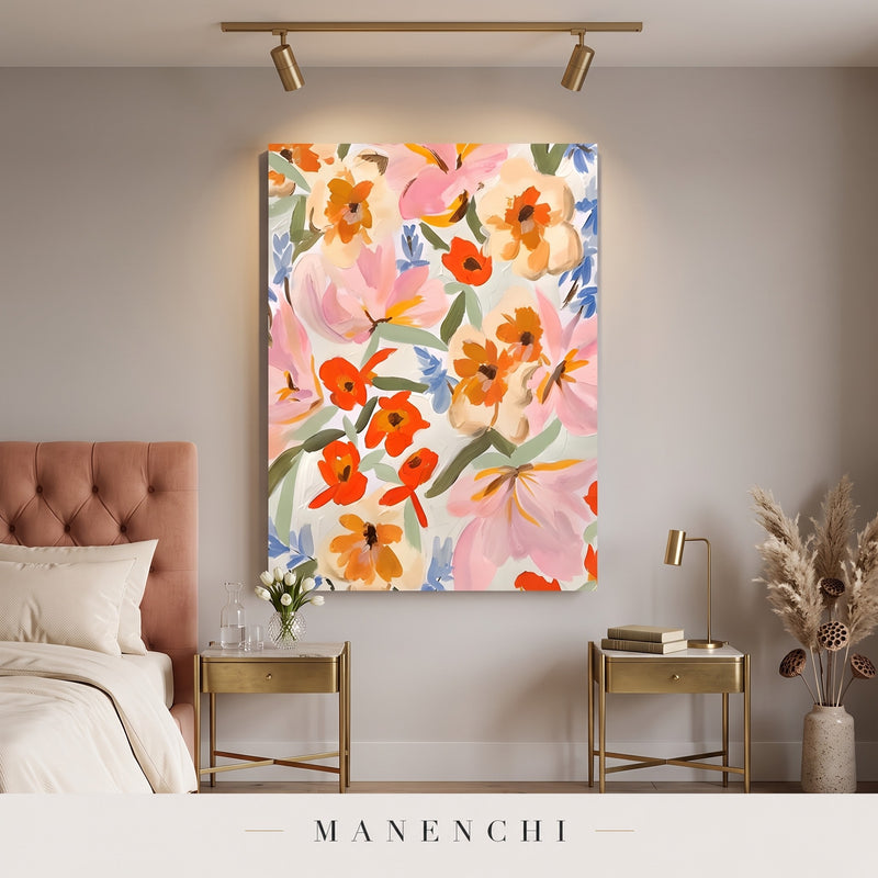 Summer Bloom Canvas abstract painting displayed in a modern bedroom