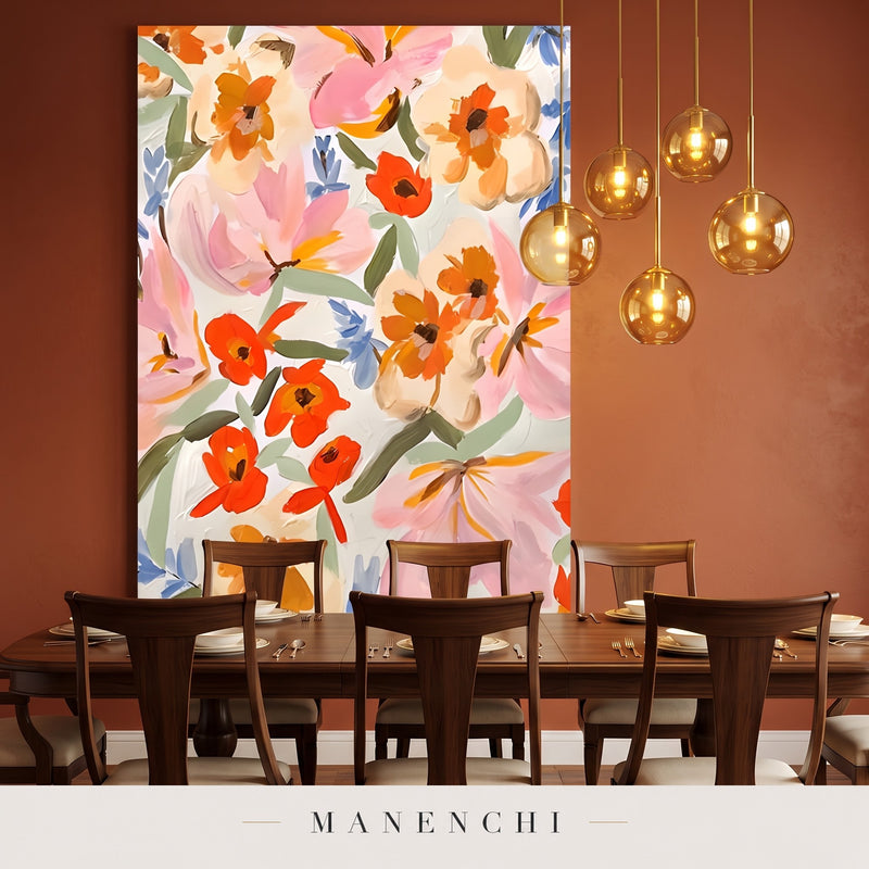 Summer Bloom Canvas abstract painting displayed in a dining room