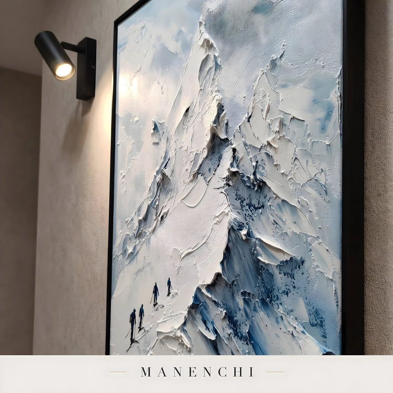 Summit Expedition Ascent abstract painting displayed in angled view with wall light