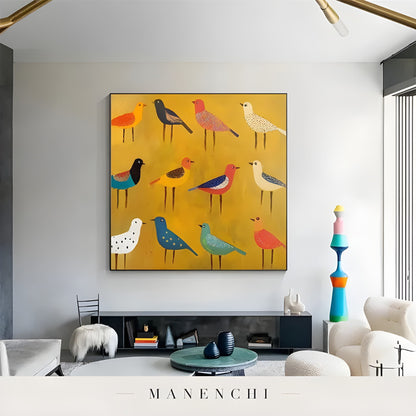 Sunny Avian Assemblage abstract painting displayed in contemporary living room display