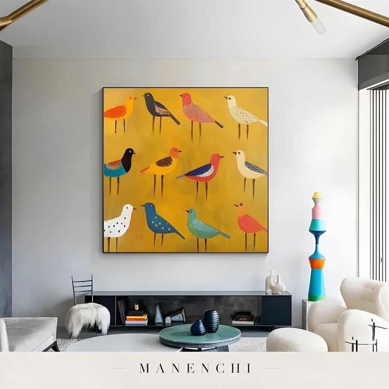 Sunny Avian Assemblage abstract painting displayed in contemporary living room display