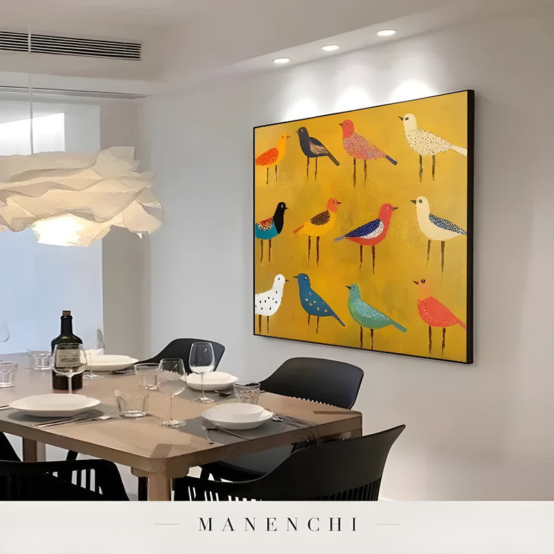 Sunny Avian Assemblage abstract painting displayed in dining room interior view