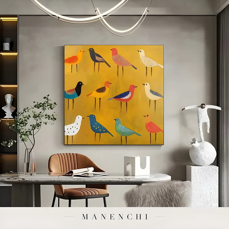 Sunny Avian Assemblage abstract painting displayed in modern office wall art
