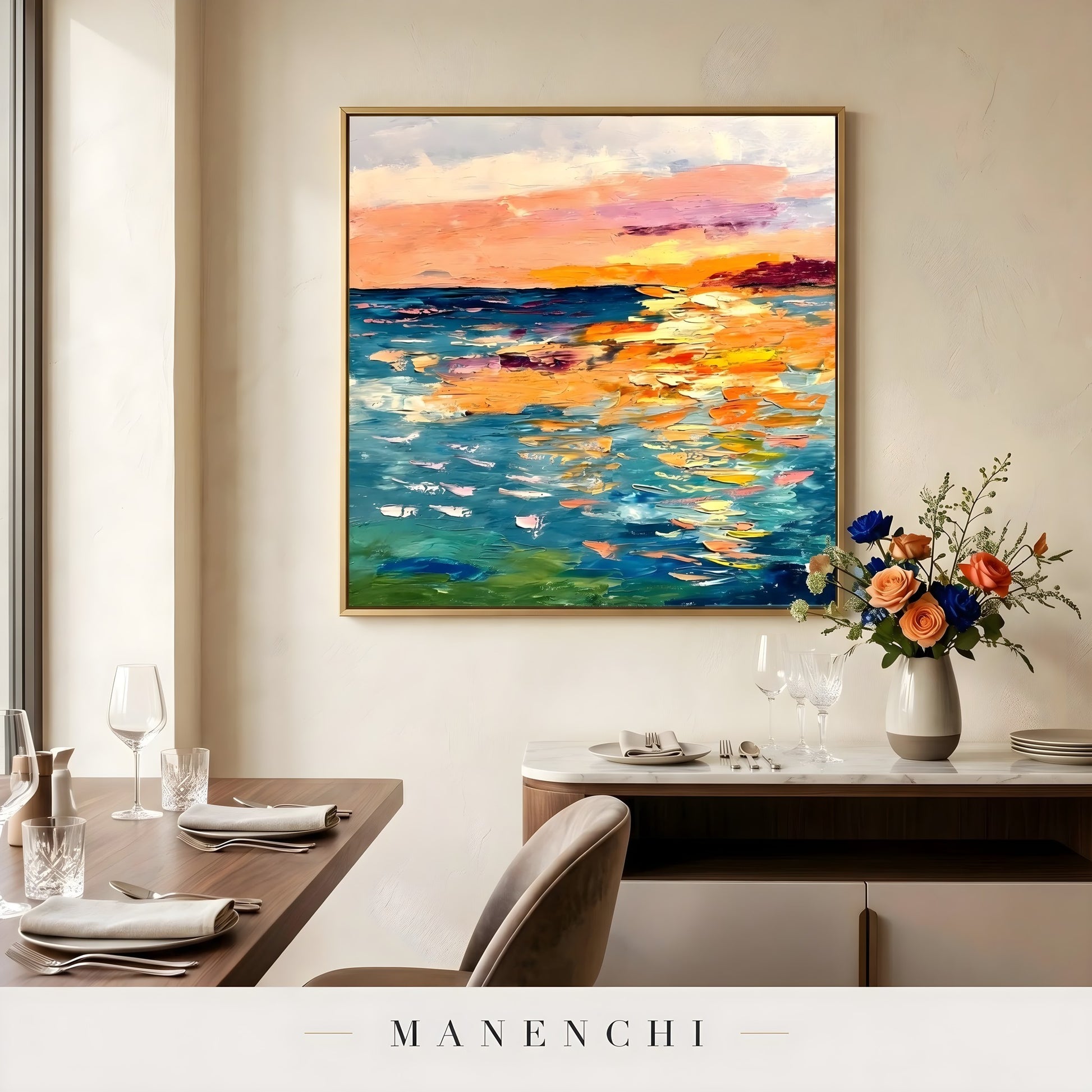 Sunset Prism Impression abstract painting displayed in dining room