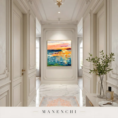 Sunset Prism Impression abstract painting displayed in hallway gallery