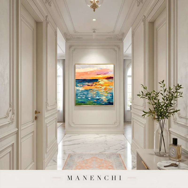 Sunset Prism Impression abstract painting displayed in hallway gallery