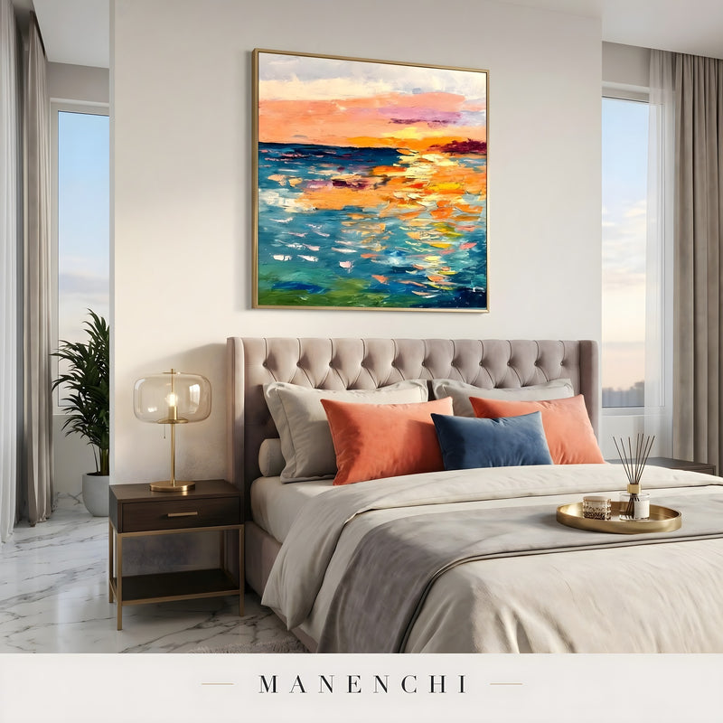 Sunset Prism Impression abstract painting displayed in master bedroom