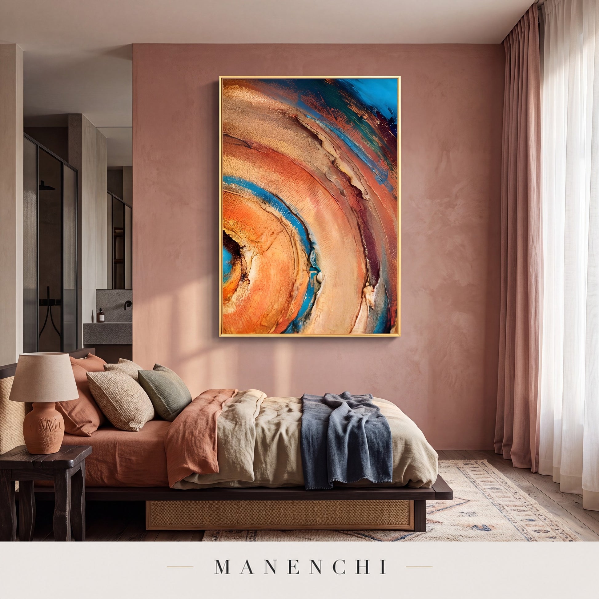 Terra Aqua Vortex abstract painting displayed in a modern bedroom