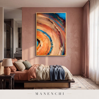 Terra Aqua Vortex abstract painting displayed in a modern bedroom