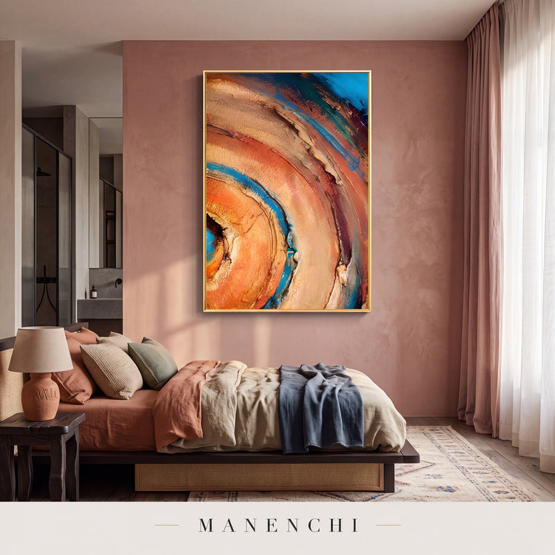 Terra Aqua Vortex abstract painting displayed in a modern bedroom