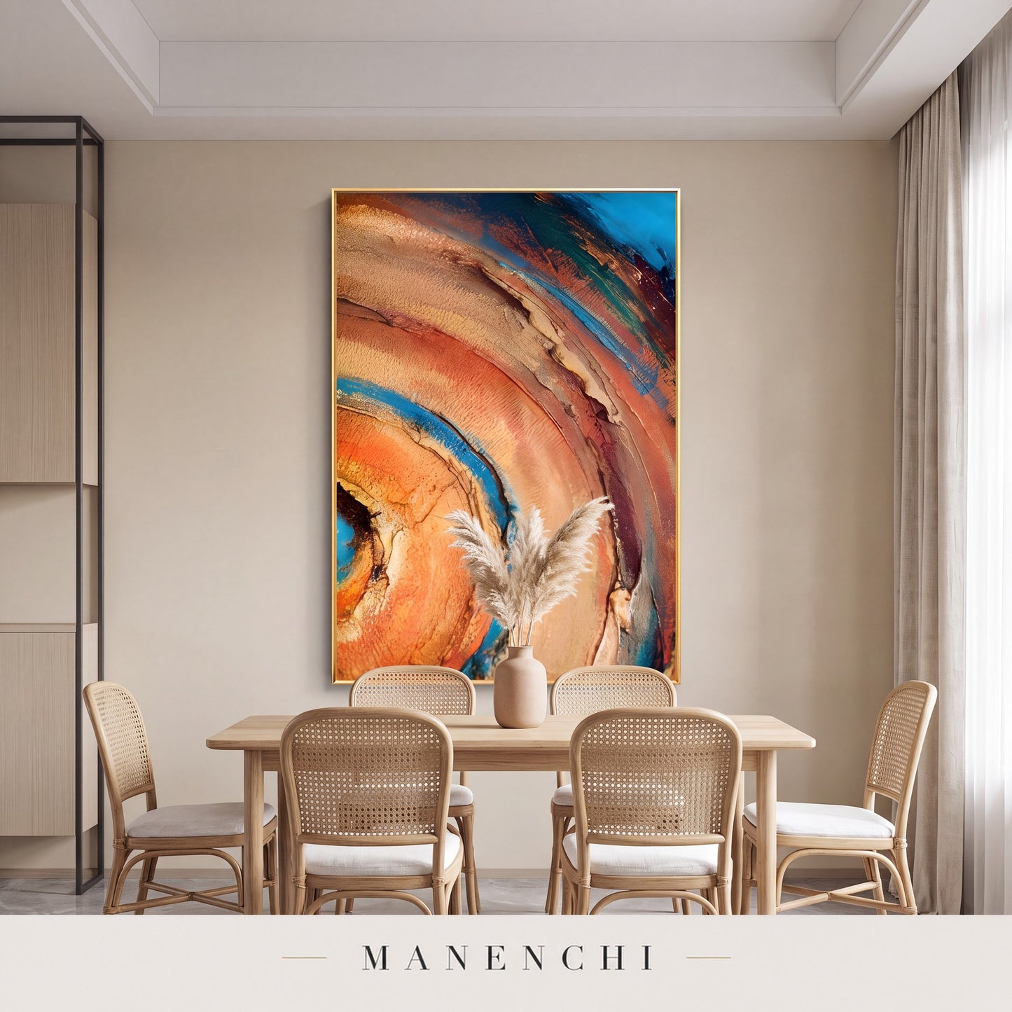 Terra Aqua Vortex abstract painting displayed in a dining room