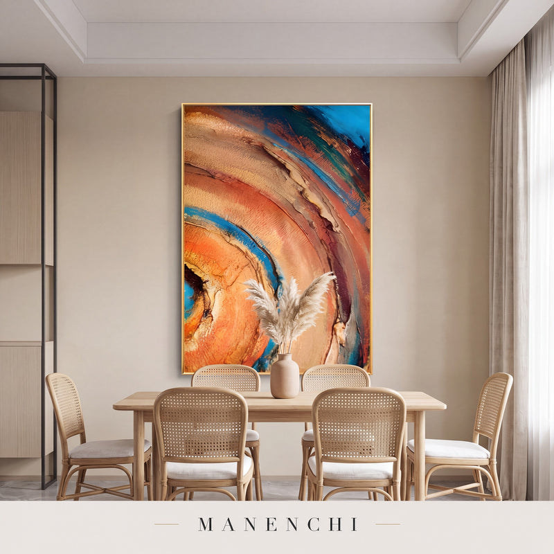 Terra Aqua Vortex abstract painting displayed in a dining room