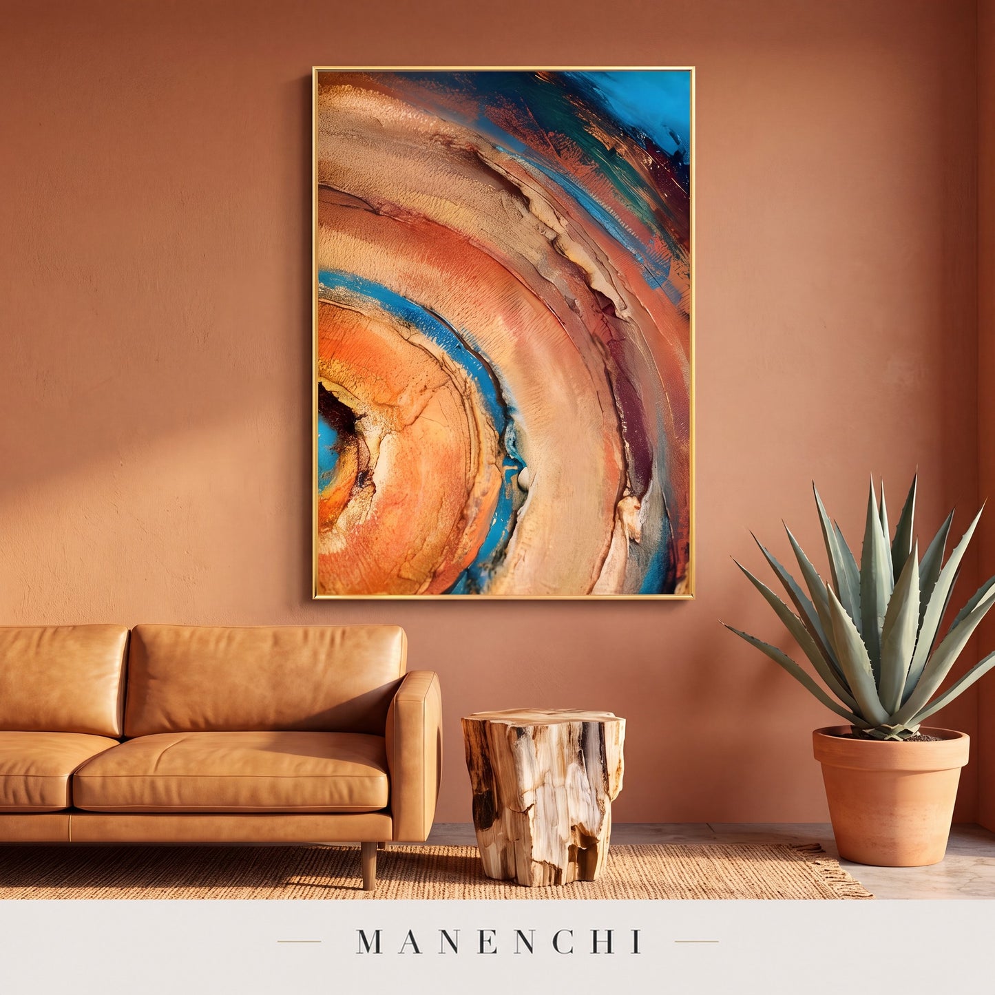 Terra Aqua Vortex abstract painting displayed in a modern living room
