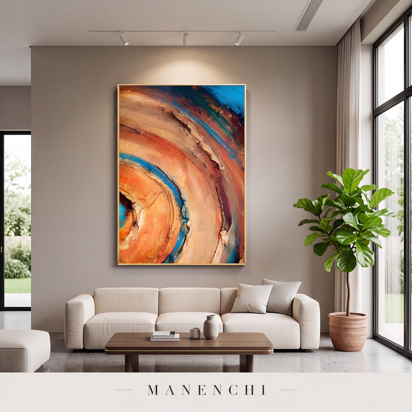 Terra Aqua Vortex abstract painting displayed in a modern living room