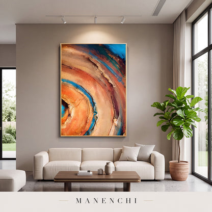 Terra Aqua Vortex abstract painting displayed in a modern living room