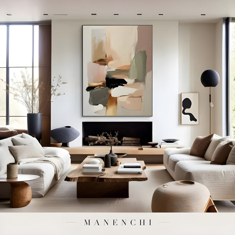 Terra Blush Strata abstract painting displayed in contemporary living room display