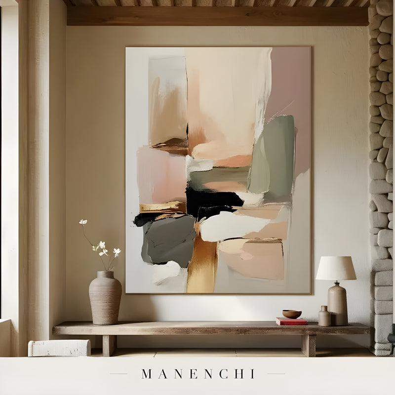 Terra Blush Strata abstract painting displayed in painting above console table