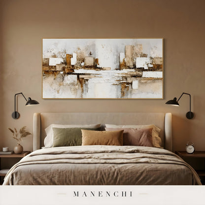 Terra Tectonic Assemblage abstract painting displayed in bedroom above bed