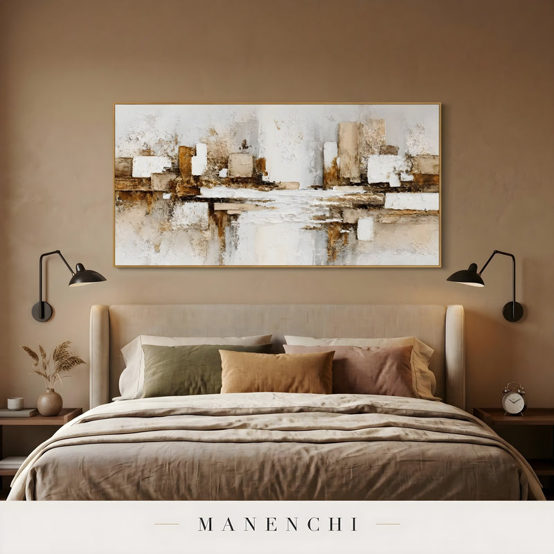Terra Tectonic Assemblage abstract painting displayed in bedroom above bed