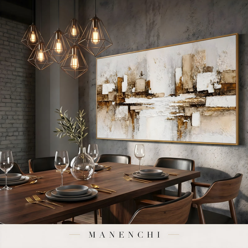 Terra Tectonic Assemblage abstract painting displayed in dining room interior