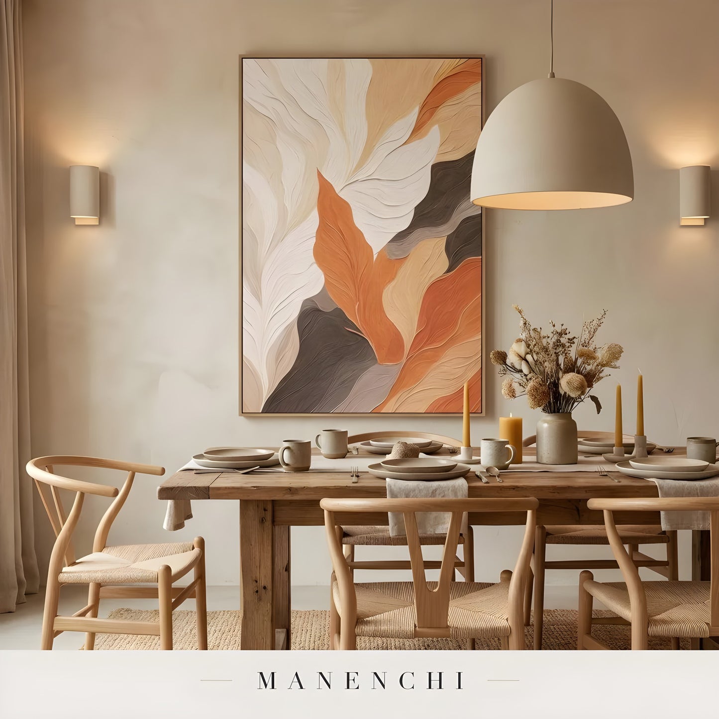 Terracotta Arid Rhythm abstract painting displayed in cozy dining room setting