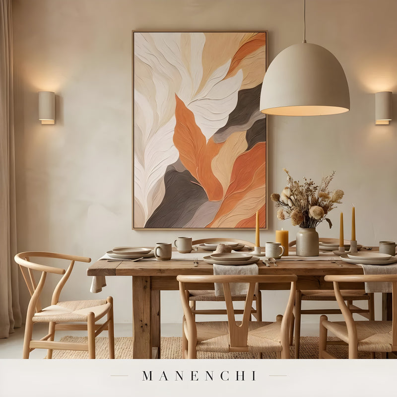 Terracotta Arid Rhythm abstract painting displayed in cozy dining room setting