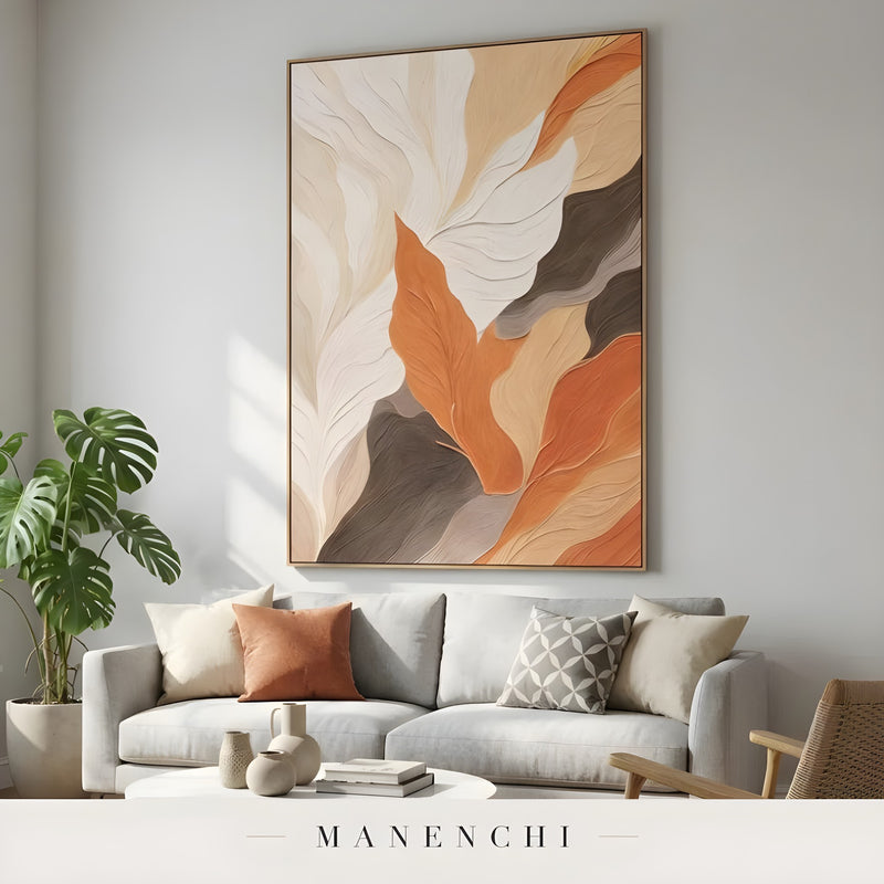Terracotta Arid Rhythm abstract painting displayed in living room sofa display