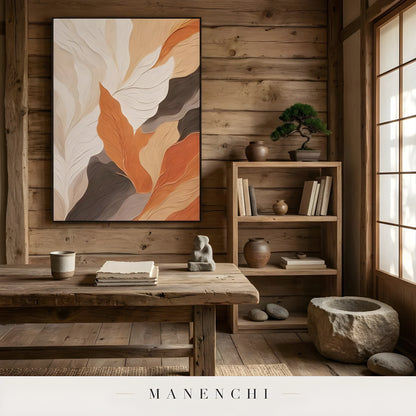 Terracotta Arid Rhythm abstract painting displayed in rustic study room decor
