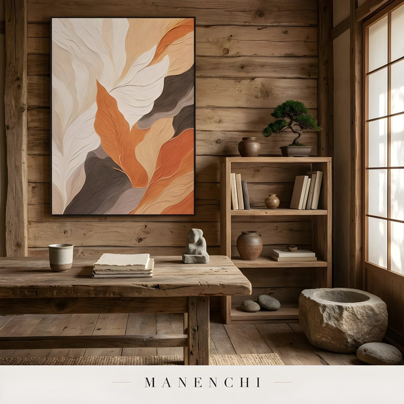 Terracotta Arid Rhythm abstract painting displayed in rustic study room decor