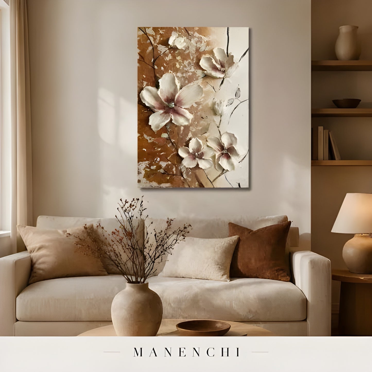 Terracotta Bloom Soliloquy abstract painting displayed in painting above cozy sofa