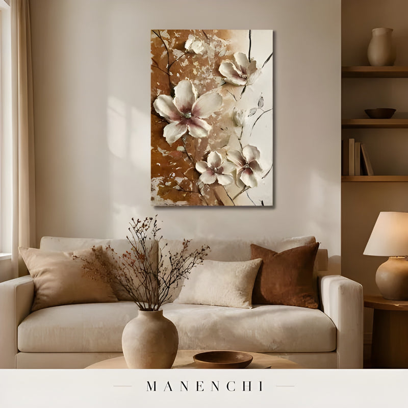 Terracotta Bloom Soliloquy abstract painting displayed in painting above cozy sofa