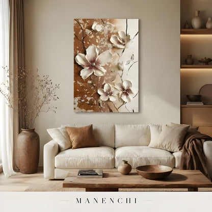 Terracotta Bloom Soliloquy abstract painting displayed in painting above modern sofa