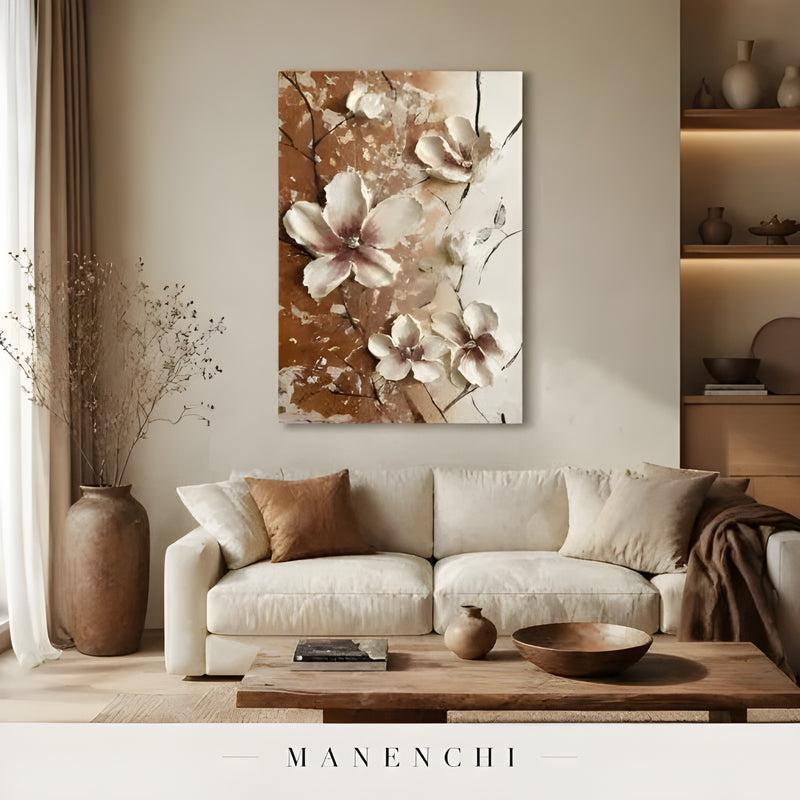 Terracotta Bloom Soliloquy abstract painting displayed in painting above modern sofa
