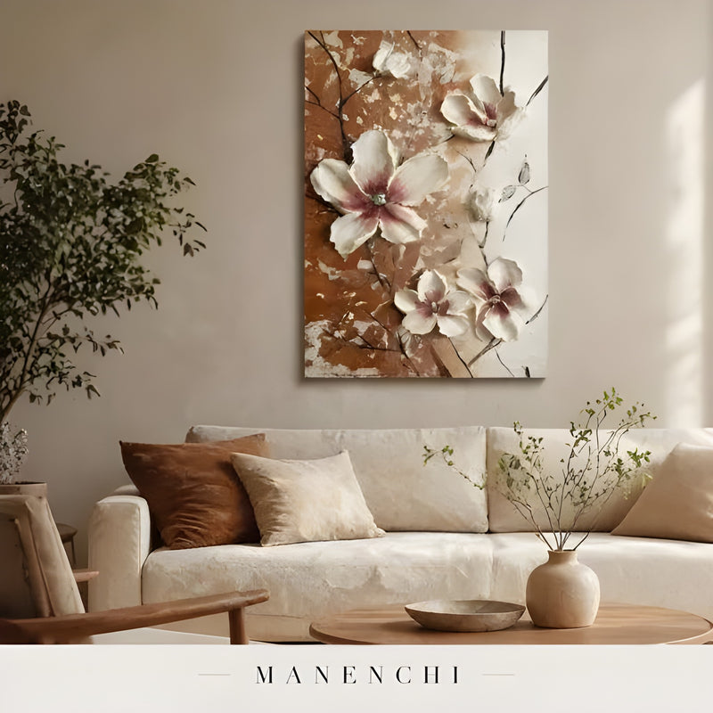 Terracotta Bloom Soliloquy abstract painting displayed in painting above neutral sofa