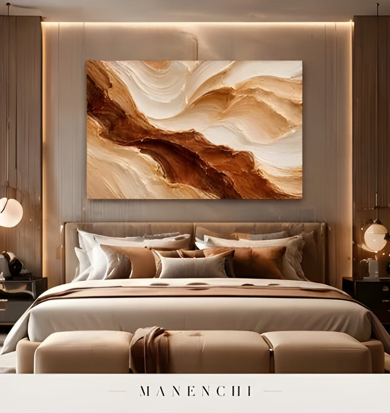 Terracotta Dune Motion abstract painting displayed in bedroom wall decor