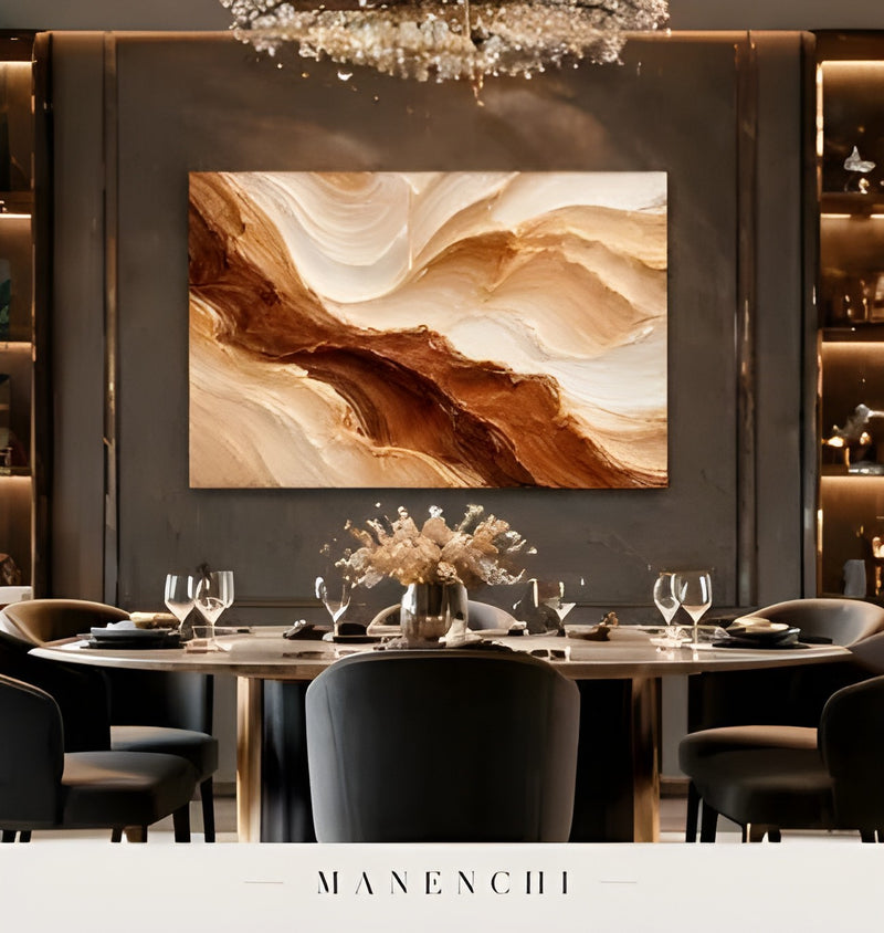 Terracotta Dune Motion abstract painting displayed in dining room interior