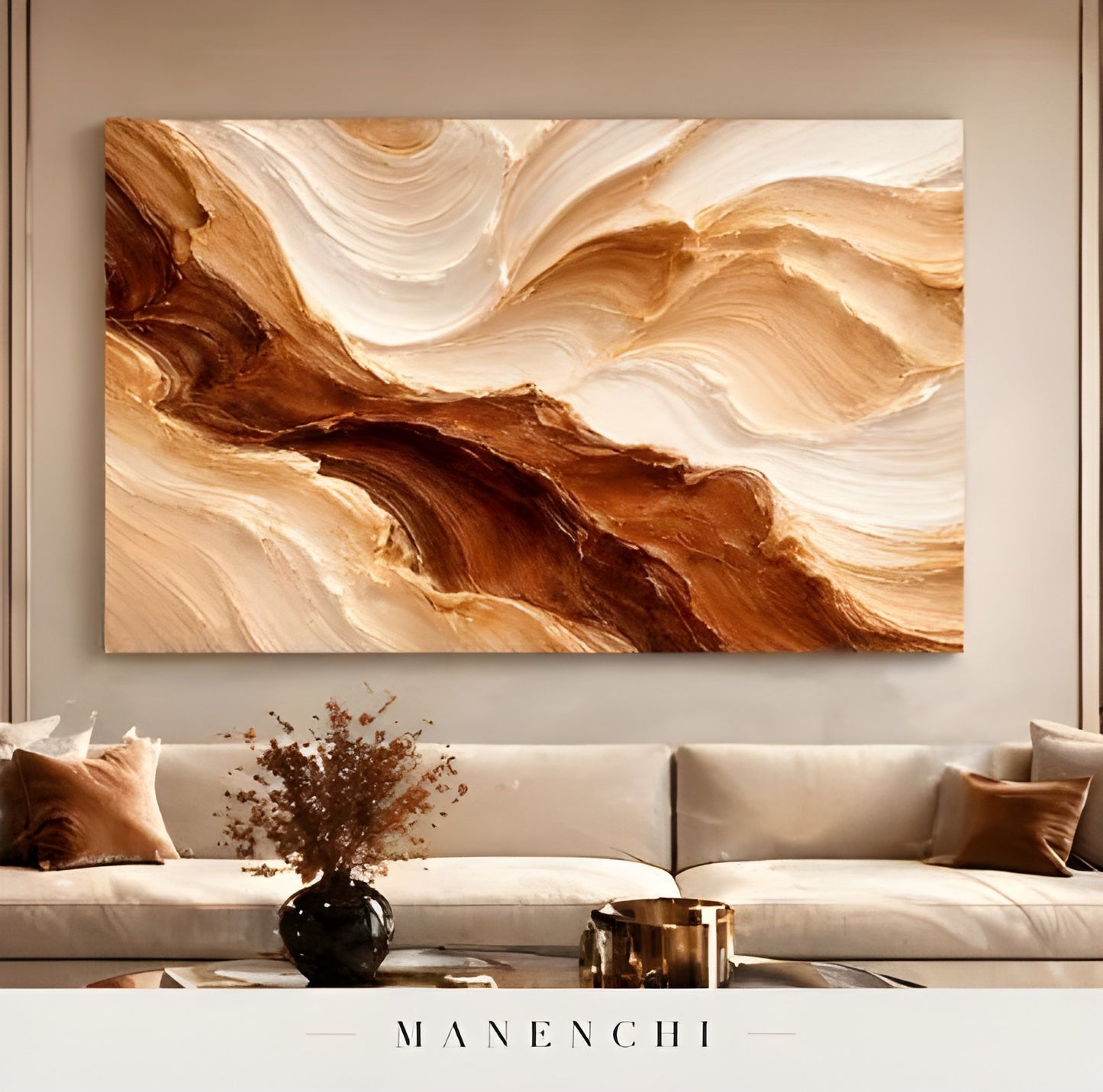 Terracotta Dune Motion abstract painting displayed in living room display