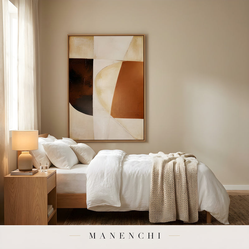 Terracotta Geometric Equilibrium abstract painting displayed in bedroom