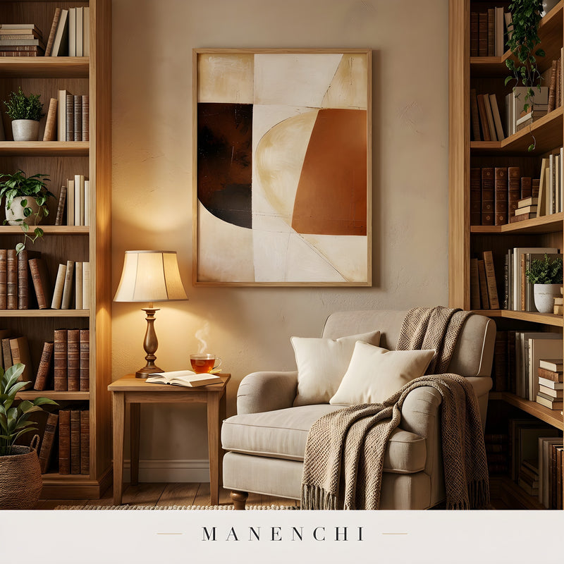 Terracotta Geometric Equilibrium abstract painting displayed in library reading nook