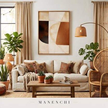 Terracotta Geometric Equilibrium abstract painting displayed in living room
