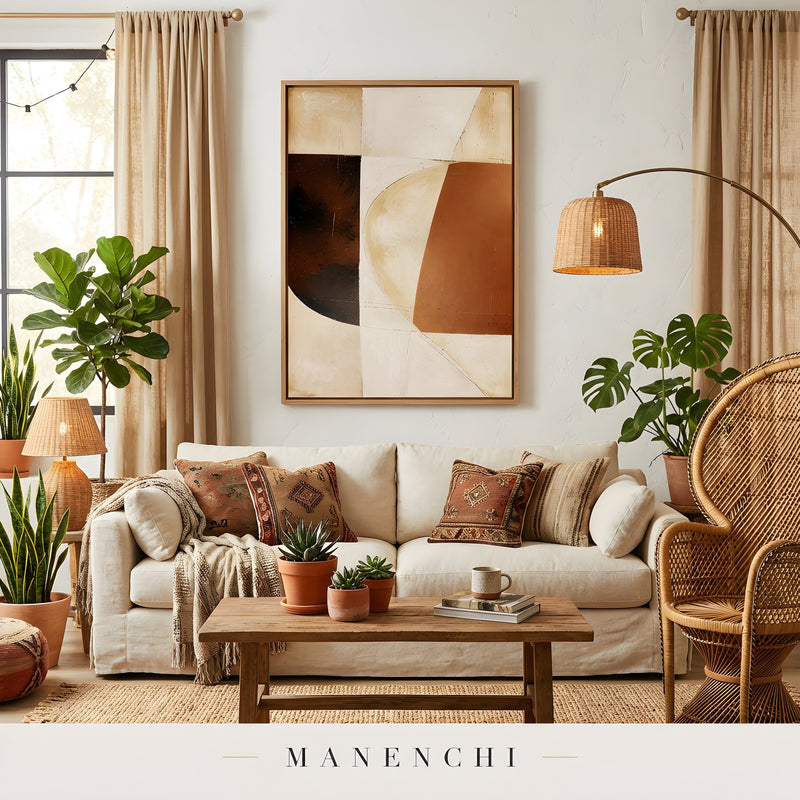 Terracotta Geometric Equilibrium abstract painting displayed in living room