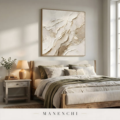 Terraform Crest abstract painting displayed in bedroom interior design