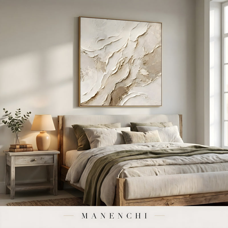 Terraform Crest abstract painting displayed in bedroom interior design