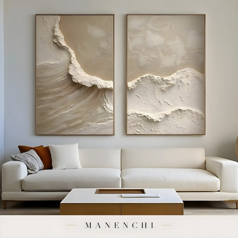 Textural Dune Triptych abstract painting displayed in framed art over couch