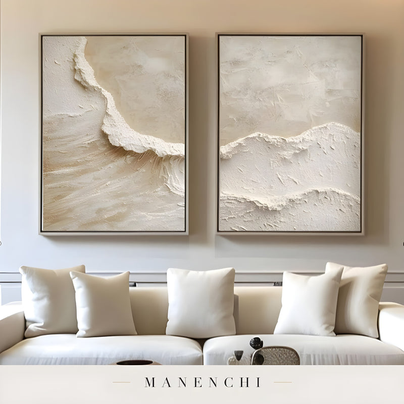 Textural Dune Triptych abstract painting displayed in paintings above white sofa