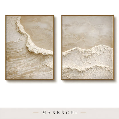 Close-up detail of the textured brushwork in Textural Dune Triptych
