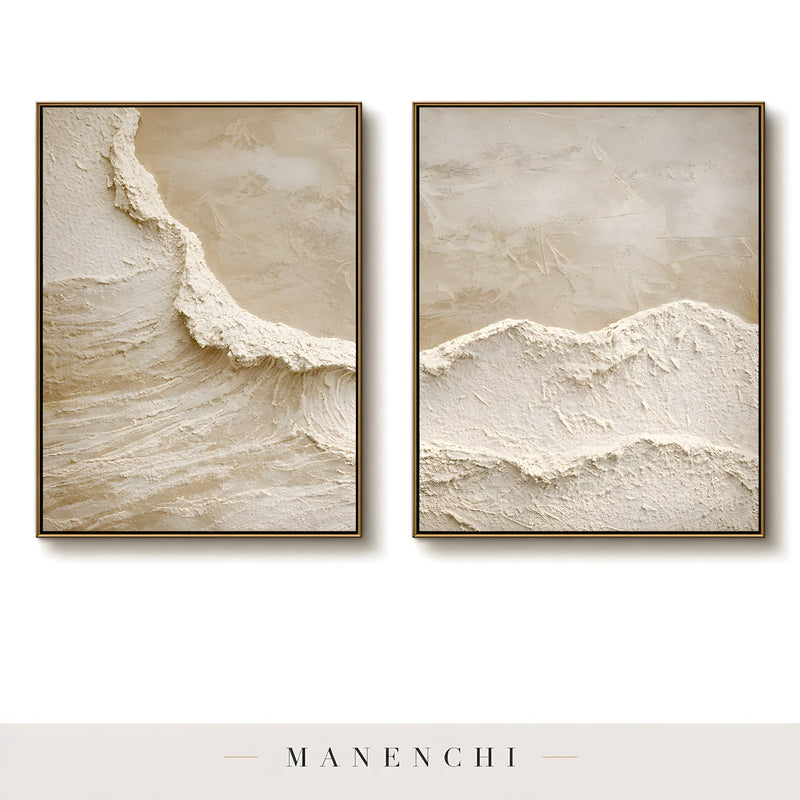 Close-up detail of the textured brushwork in Textural Dune Triptych