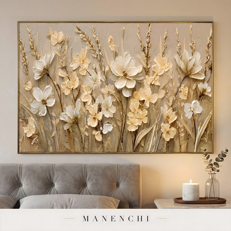 Textural Ivory Flora abstract painting displayed in bedroom wall art