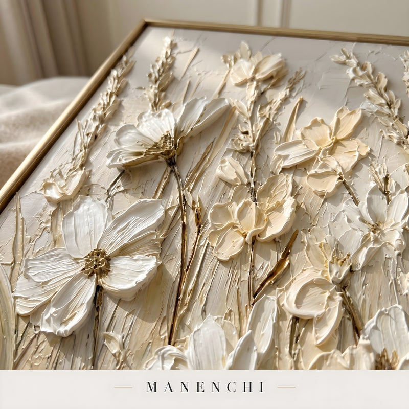 Close-up detail of the textured brushwork in Textural Ivory Flora