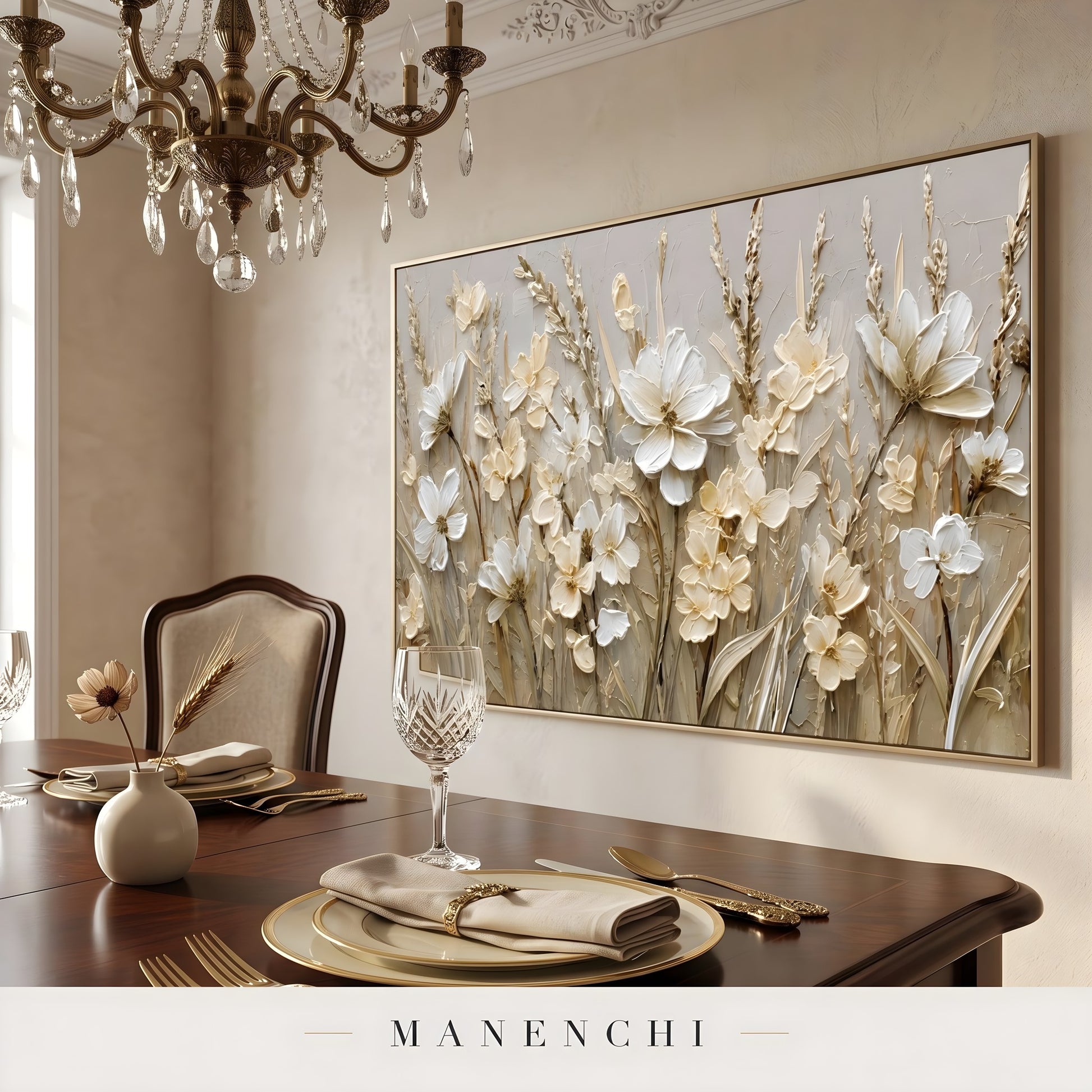 Textural Ivory Flora abstract painting displayed in dining room decor